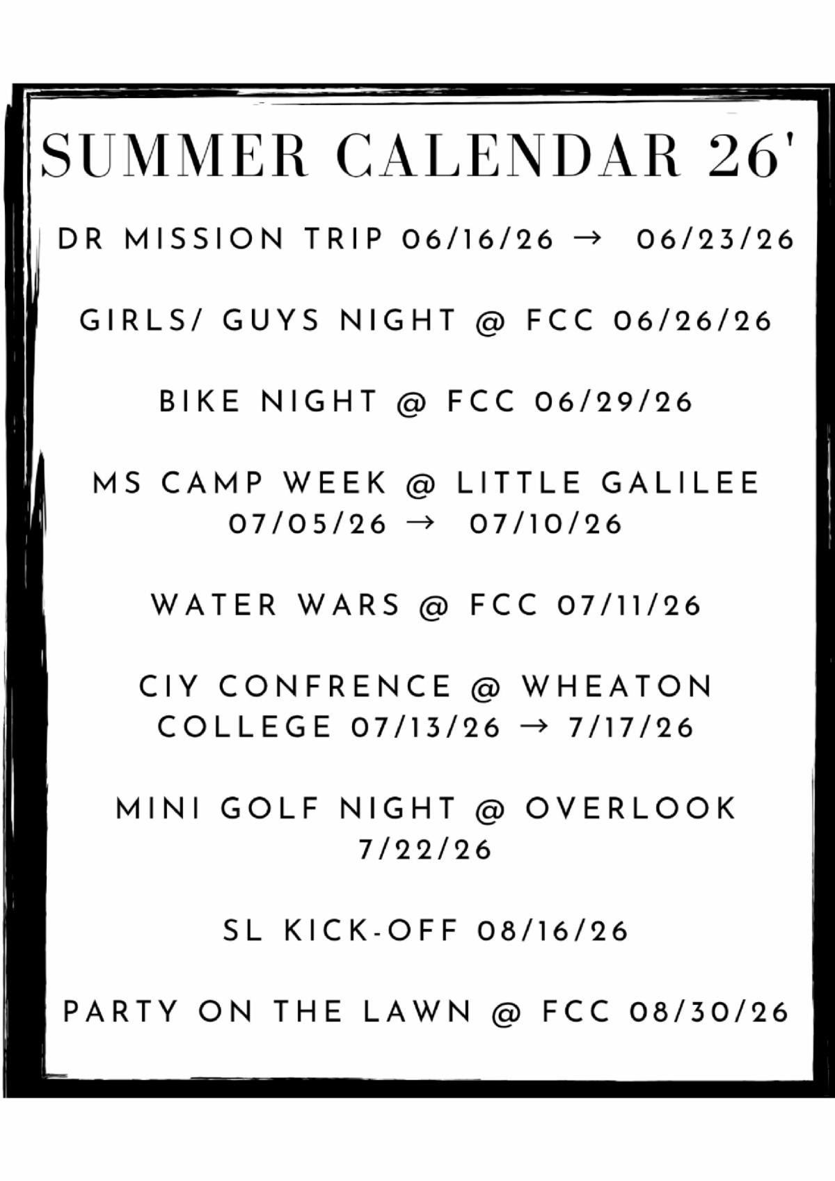 student life summer 2026 calendar
